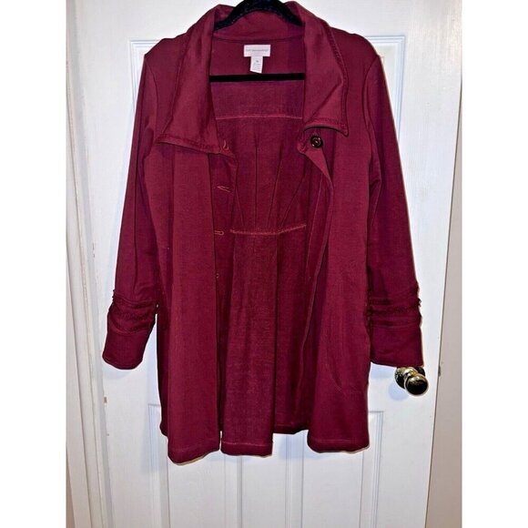SOFT SURROUNDINGS Rachel Embroidered Burgundy Stretch Button Down Coat - Picture 14 of 15